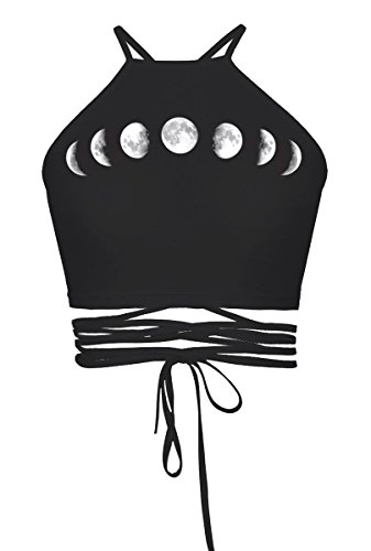 Womens Spaghetti Strap Camisole Vest Crop Tops Clubwear Cami(Black Moon)