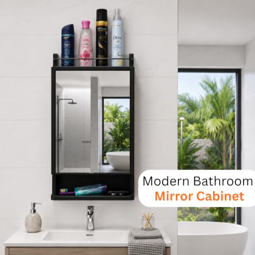 Image of BRANCO Bathroom Cabinet with Mirror | Storage Organiser | Strong Plastic Bathroom Shelves Wall Mounted | Mirror Cabinet (Black)