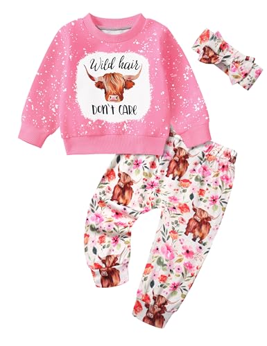 Image of ADIFUN Toddler Girl Clothes Fall Winter Outfits Wild Hair Don't Care Highland Cow Sweatshirt Pants Western Cowgirl Outfit