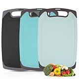 Jicyor Tabla de cortar, 3 unidades, tabla de cortar de plástico con ranuras para zumo y asas antideslizantes, tablas de desayuno de plástico con agujeros colgantes