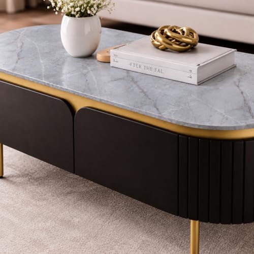 Image of The Attic Carlston Coffee Table for Living Room, Solid Wood Centre Table with Ceramic Top, Black Matte Finish, Oval Shape with Gold Accent