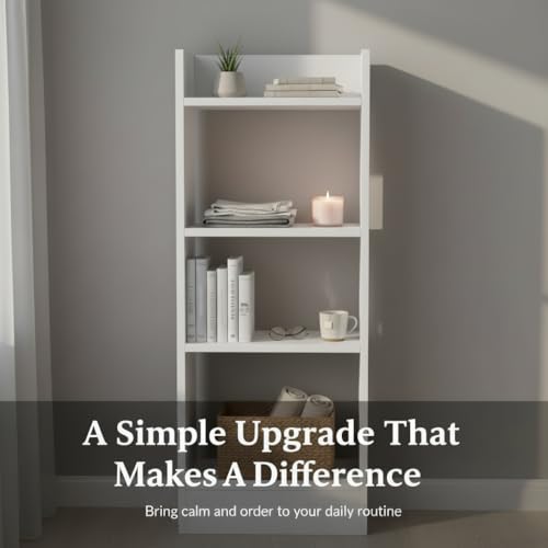 Image of FURLAY Modern Minimalist Wood Ladder Shelf - 4-Tier Open Storage Unit, Space-Saving Organizer for Bathroom, Kitchen, and Living Room (White)