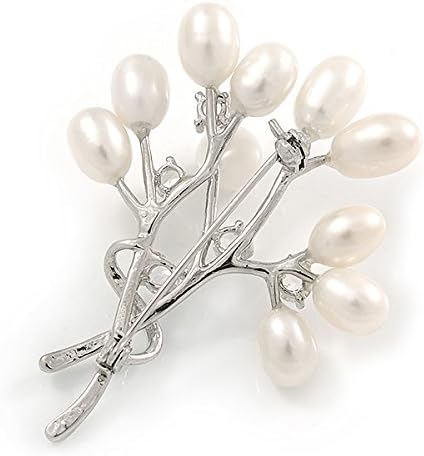 White Freshwater Pearl, Clear CZ Floral Brooch In Rhodium Plated Metal - 47mm L, silver, white / ivory - Image 3