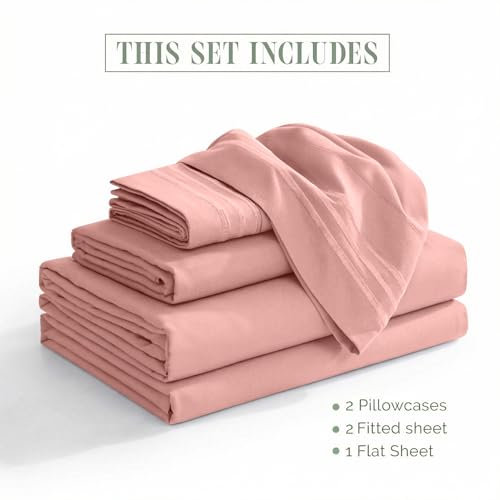 Image of Elegant Comfort Luxurious 1500 Premium Hotel Quality Microfiber Three Line Embroidered Softest 5-Piece Bed Sheet Set, Wrinkle and Fade Resistant, Split King, Dusty Rose