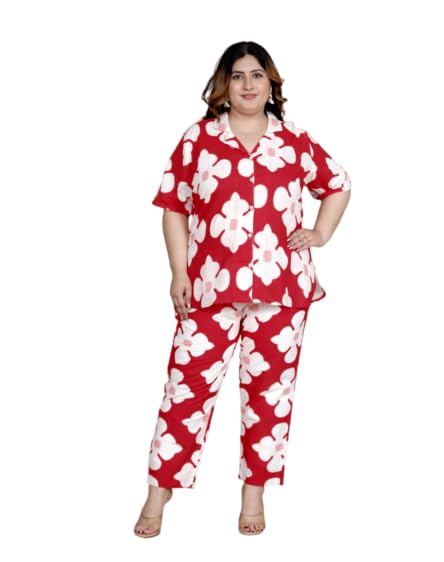 Image of Printed Shirt Style Cotton Night Suit for Women with Extra Plus Size