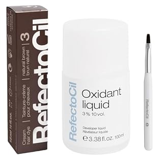 RefectoCil Natural Brown (#3) Hair Tinting Kit Includes Eyebrow Tint + Liquid Oxidant 3% + Mixing Brush