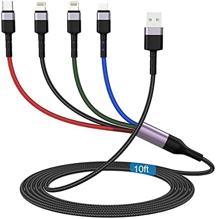MTAKYI 3M/10Ft Multi 4 in 1 USB Universal iPhone Charging Cable,Lightning2+Type C+Micro USB Long Nylon Braided Phone Charger Cord Connector Adapter for Android/Apple/iOS/Samsung/LG/Huawei/XiaoMi