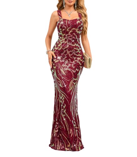 Image of dasmzper Women's Sequin Evening Gown - Elegant Sleeveless V Neck Mermaid Formal Maxi Dress for Wedding, Prom or Party