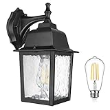 Dusk to Dawn Sensor Outdoor Wall Lantern Waterproof Exterior Wall Mount Lights, E26 LED Bulb Included, Anti-Rust Aluminum Matte Black Wall Sconce with Ripples Glass Shade for Garage, Patio, Hallway