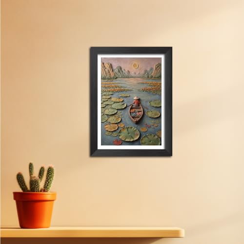 Image of TenorArts Boat on the Lake Art 3D Clay Textured Digital Art Print Photo Frame, Modern Art Abstract Painting For Bedroom Living Room Home and Cafe Decor | Minimal Drawing Black Framed Posters for Decoration (9x12 inches) [CL-S01]