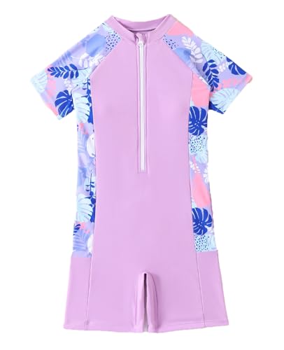 JadeRich Girls One Piece Short Sleeve Boyleg Surfing Suit Half Zip Front Rash Guard Swimsuit for Teenagers