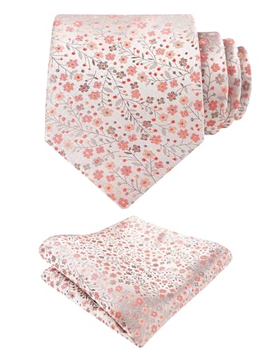 Alizeal Mens 3.15inches Floral Tie with Flower Printed Handkerchief Colorful Tie Set Silver+Coral