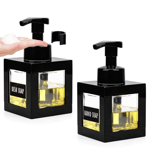 Segbeauty 11.84oz Black Foaming Soap Dispenser for Bathroom, 2pcs 350ml Empty Square Dish Soap Dispenser with Labels Pump for Kitchen, Refillable Hand Wash Foam Dispenser Soap Reusable Shampoo Bottles