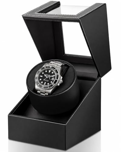 Watch Winder for Automatic Watches: Automatic Single Watch Winder Box in Black PU Leather with Japanese Quiet Motor USB Powered - Gift for Men & Women