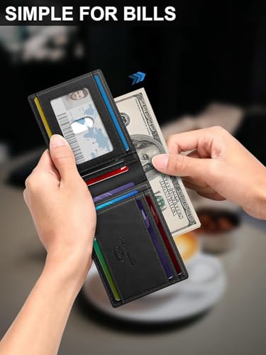 Image of Contacts Slim Leather Bifold for Men | RFID Blocking Card Holder with ID Window | Holds 13-17 Cards, Large Cash Slot | Thin Minimalist Front Pocket Design | Gift for Men (Black)