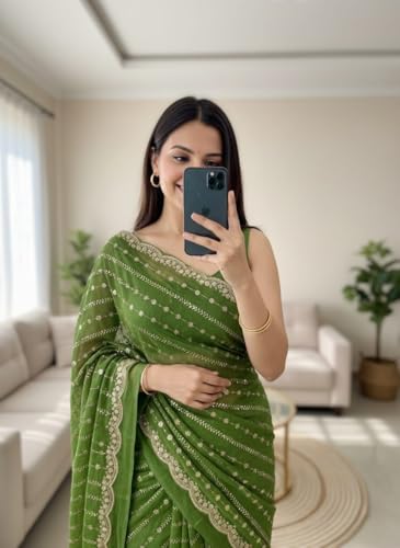 Image of RADHA Women's Embroidery Work Saree with Designer Border for Festive and Traditional Ethnic Drape Saree with Detailed Thread Style Pattern and Elegant Occasion Look