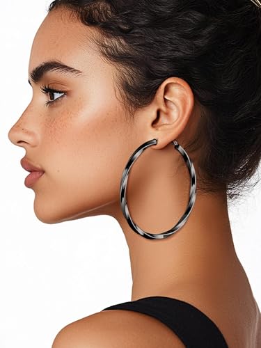 Image of Stainless Steel Chunky Hoop Earrings For Women, Minimalist and Chic, Black /Gold Plated, Round Hoops Earrings Hypoallergenic, Size: 30mm /40mm /60mm /80mm, Come with Box