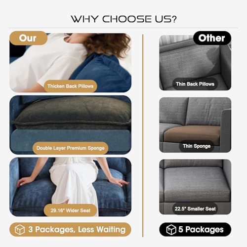 Image of 97 inch L Shaped Sectional Couch, Comfy Chenille Cloud Couch, 5 Seat Modular Cloud Sofa with 2 Pillows & Storage Armrests, Convertible V Shaped Corner Couch, Sectional Couches for Living Room, Blue