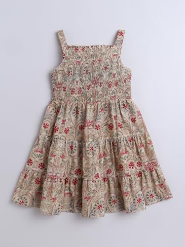 Image of The Magic Wand Kids Girls Printed Casual Dresses, Knee Length Singlet Strap Fit & Flared Cotton Once Piece Stylish Frocks for Summer Season