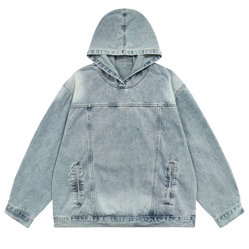 Oymyakon Men's Acid Wash Denim Hoodies Casual Oversized Hoodie Pullover Vintage Sweatshirt with Pockets