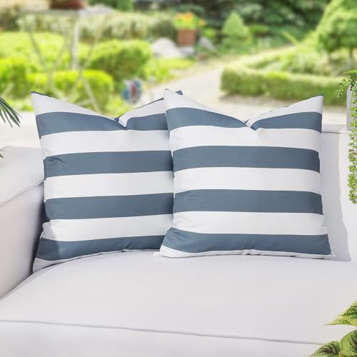Image of Lewondr 2 Pack Outdoor Throw Pillow Covers, Square Stripe Waterproof Throw Pillow Cases for Outdoor Patio Porch Farmhouse Garden Balcony Couch, 18"x18"(45x45cm), Navy Blue + White