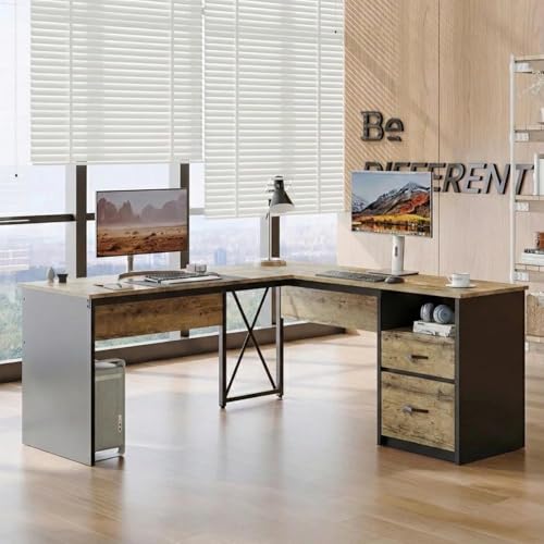 Image of TEKAVO Rikin L Shape Executive Desk | Director Table for Office | Manager Desk with Drawer Storage | L Shaped Office Table | Brown & Black Wood | Metal (160Cm x 55Cm x 75Cm) | DIY