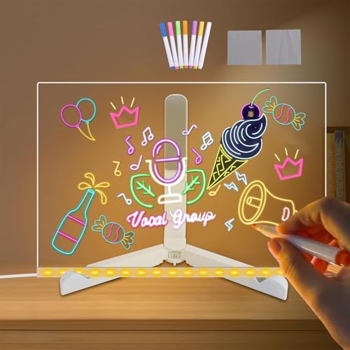 LED Note Board with Colors 12x 8inch Acrylic Dry Erase Board with Light Up Stand for Desk Light up Dry Erase Board Light Drawing Memo Board Glow Letter Message Board with 7 Pens