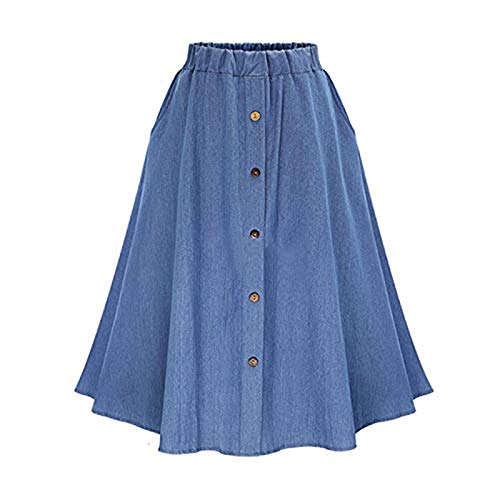 Elonglin Saia Jeans Decoradas de Botões Saia Cinto Elástico Cintura Alta Elegante Chique 2