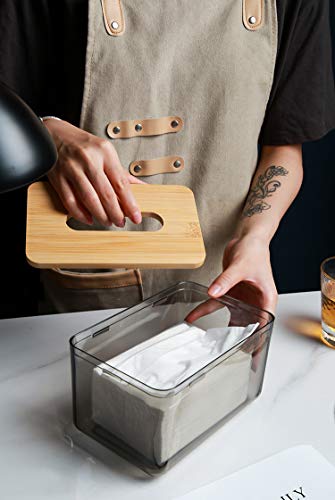 YESTOO Tissue Holder, Facial Tissue Dispenser Box with Bamboo Wood Lid, Transparent Container, Modern Minimalist Design. Napkin Organizer for Bathroom, Bedroom, Living Room (Large)