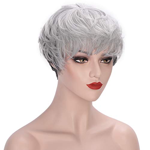 AISI QUEENS Pixie Cut Bob Wigs for Women Grey Mixed Black Synthetic Wig with Bangs for Daily Party Cosplay Use