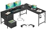 Furologee 63' L Shaped Computer Desk with Power Outlet & USB-C Port, Reversible Home Office Desk with 2 Fabric Drawers, File Cabinet, Hooks, Large Corner Table for Gaming, Writing, Work, Black