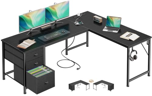Furologee 63" L Shaped Desk with Power Outlets & USB-C Port, Reversible Corner Computer Desk with 3 Fabric Drawers, Hooks, Large Home Office Desk for Gaming, Writing, Work, Black