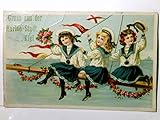  Gruss aus der Marine Stadt Kiel. Alte Ansichtskarte / Postkarte farbig gel. 1912. Drei Mädel in Matrosenkleidchen auf Rahe sitzend Blumen und Kappe schwenkend, dahinter eine Leine mit Wimpeln.