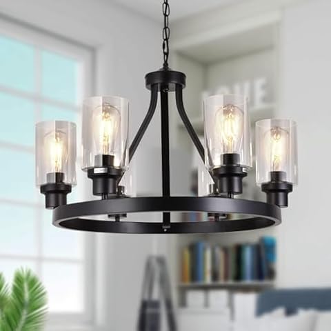 Lanhall 6-Light Farmhouse Chandelier Light Fixture Dining Room Lighting Fixtures Hanging Wagon Wheel Chandelier Kitchen Island Pendant Lights Modern Black Industrial Rustic Adjustable Height Metal Cover