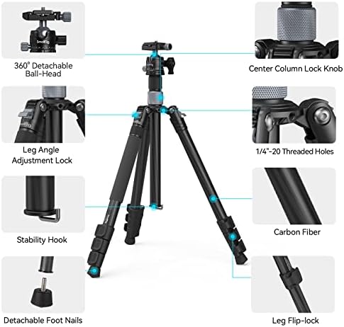 SMALLRIG 62" Carbon Fiber Camera Tripod, AP-20 Lightweight Travel Tripod Monopod with Center Column, 360°Ball Head, Quick Release Plate for Arca-Swiss, Load up to 26.5 lbs/12 kg - 4059
