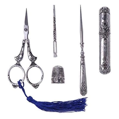 Sewing Scissors Set, Sewing Scissors Set Vintage Embroidery Tool Alloy Awl Threader Thimble Needle Case Kit DIY Sewing Tools Kit Cover