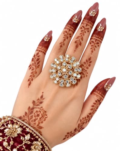 Gold-Tone Floral Cocktail Ring with Crystal Rhinestones