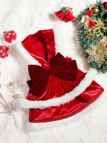 1pc Pet Velvet Red Christmas Dress with Elegant Bow Tie Warm Holiday Apparel for Dogs
