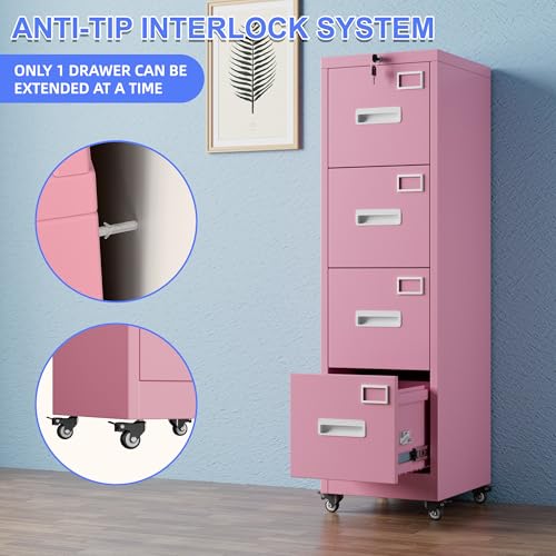 Image of Aobabo 4 Drawer File Cabinet with Lock, Metal Vertical Filing Cabinet with Wheels, Anti-Tilt Interlock System, Locking Office Storage for Letter /Legal Files,Pink,Required Assembly