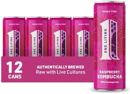One Living Kombucha Drink – Raspberry & Pomegranate – 12 x 250ml Cans – Sugar Free, Great Tasting Authentically Brewed Kombucha with Live Cultures