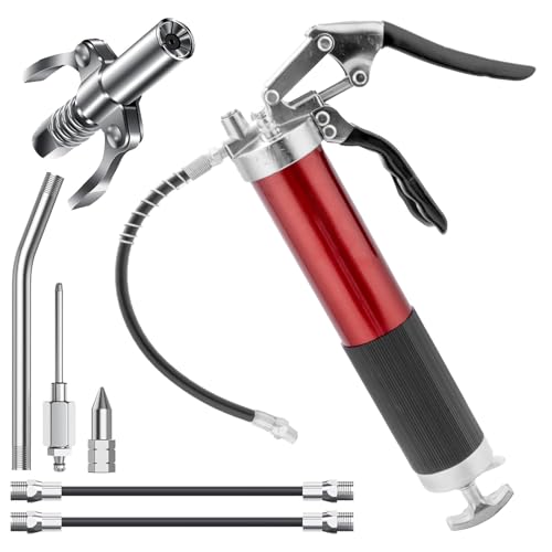 lisetar Grease Gun - 8000 PSI Heavy Duty Grease Gun Flexible Hose Manual Gun Grease Reinforced Coupler Metal Pipes Nozzles for Automotive & Machinery Maintenance