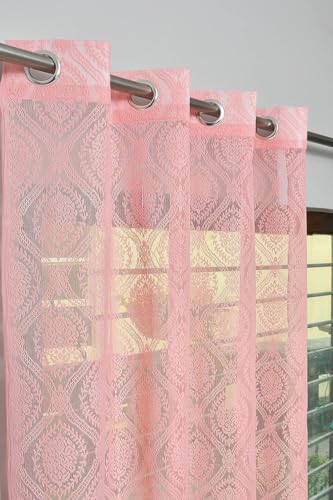 Image of Fabrilia Polyester Sheer Net Damask Design Semi Transparent Eyelet Door Curtains 7 feet Long Set of 2- Pink