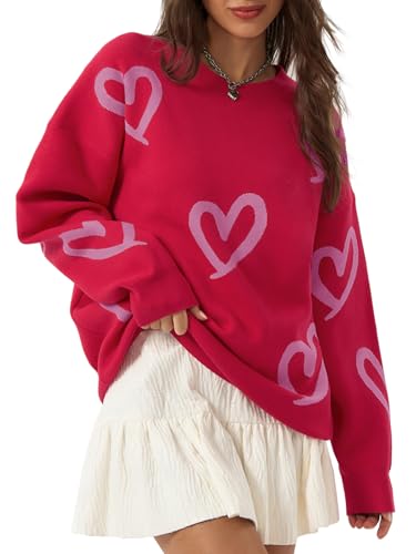 Saodimallsu Womens Oversized Heart Sweater Crew Neck Long Sleeve Knit Cute Valentines Pullover Sweaters