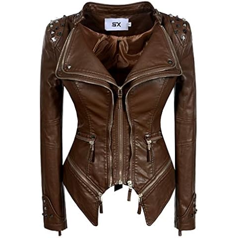 SX Women's Faux Leather Jackets Plus Size Motorcycle Leather Casual Coats (3XL, Coffee) Cover