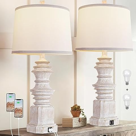 QiMH Table Lamps for Nightstand Set of 2, Bedside Lamp with Dual USB Charging Ports, Farmhouse Decor Table Lamps with White Fabric Lampshade for Living Room, Bedroom Lamps with 3 Color Modes Bulbs Cover