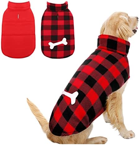 MORVIGIVE Reversible Plaid Winter Dog Coats, Waterproof British Style Puppy Snow Jacket with Harness Hole High Collar, Windproof Cold Weather Dog Vest Warm Pet Apparel for Small Medium Large Dogs
