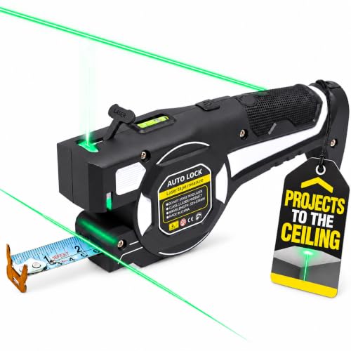 Laser Tape Measure with Upward Green Laser Line, Measure Ceiling Points Without a Ladder, Side Laser Lines for Picture Hanging, Auto-Lock Retractable 16ft/5m Metric + Imperial,Battery Not Included