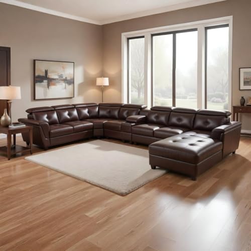 Image of Mishel 12 Seater Sofa Set for Living Room | Sectional U Shaped 12 Seater Sofa with Storage & Cupholder (Brown Leatherette, RHS)