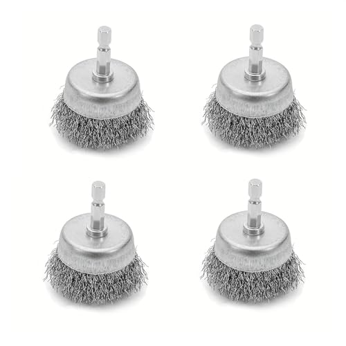 Image of 2 Inch Abrasive Wire Brush for Drill - Wire Cup Brush Set with 1 /4 Inch Hex Shank - High Carbon Steel Crimped Wire Brush for Cleaning,Rust,Deburring,Removing Paint-4pcs