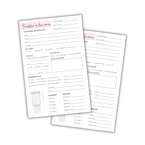 Custom Tumbler Cup Mug Order Forms 50pk 8.5x5.5” Log Book Cleaning and Care Washing Instructions Client Thank You for Ordering with Straw Topper Personalized Monogrammed